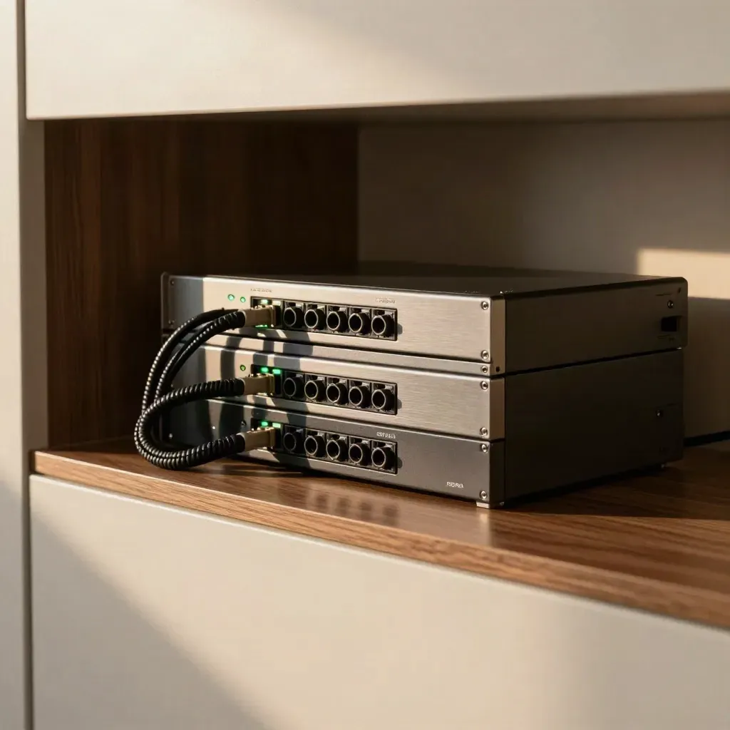 Rack PBX aziendale con gateway e cavi curvi in un cabinet caldo e ordinato.