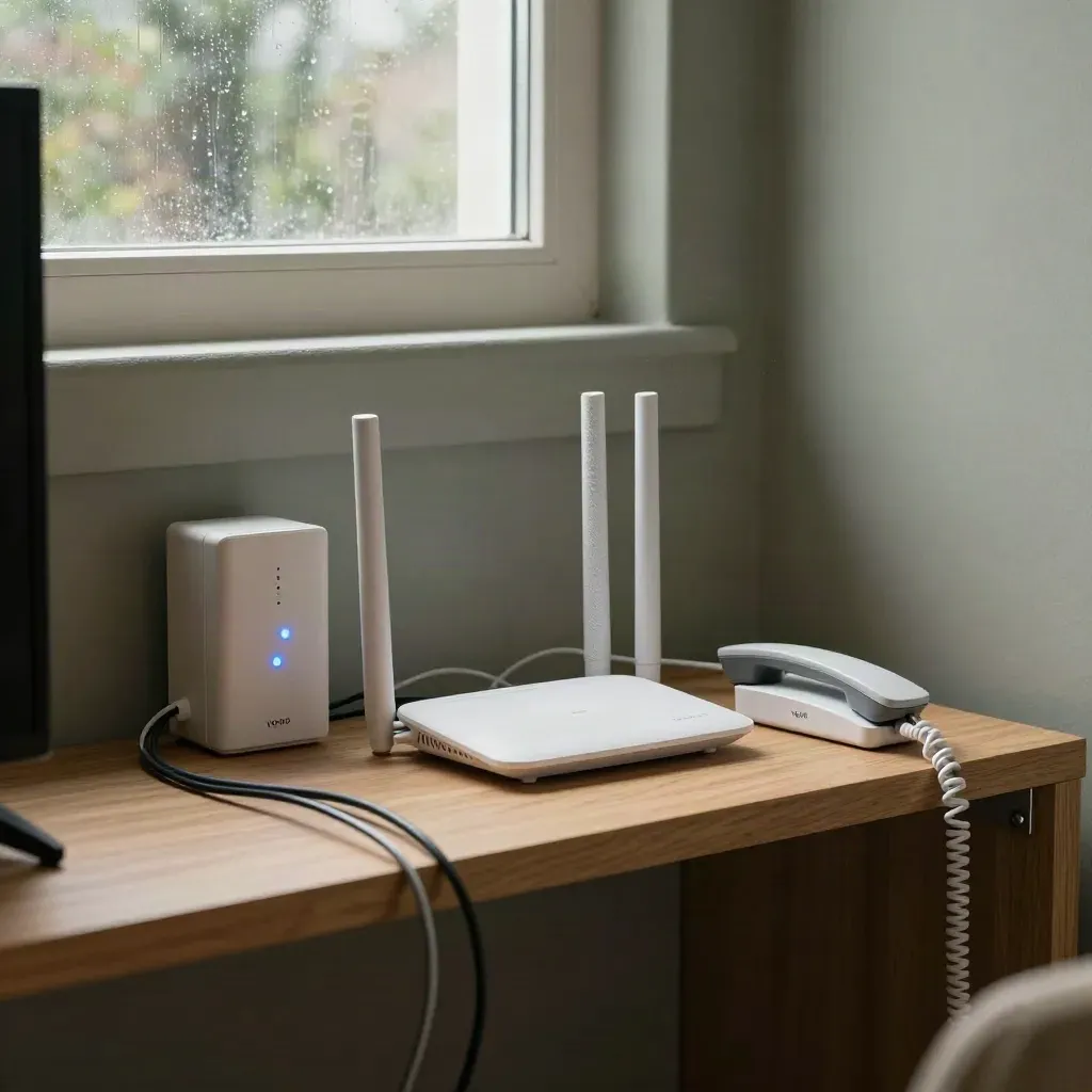 Angolo tecnico domestico con fibra, router mesh e cordless su mensola in rovere, luce di finestra.