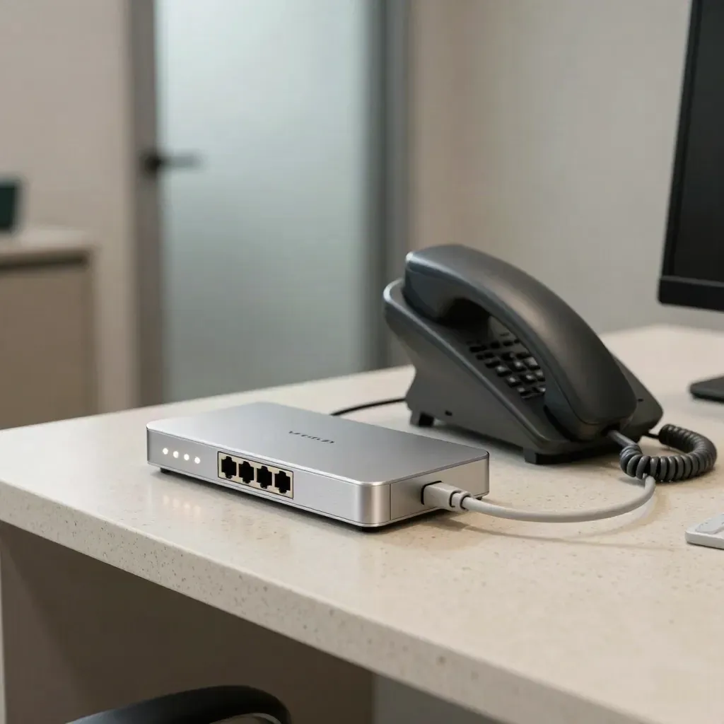 Ufficio con adattatore VoIP, telefono analogico e switch di rete su travertino chiaro.