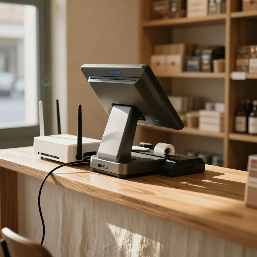 Bancone di negozio con POS, router compatto e cablaggio ordinato, luce calda del pomeriggio.