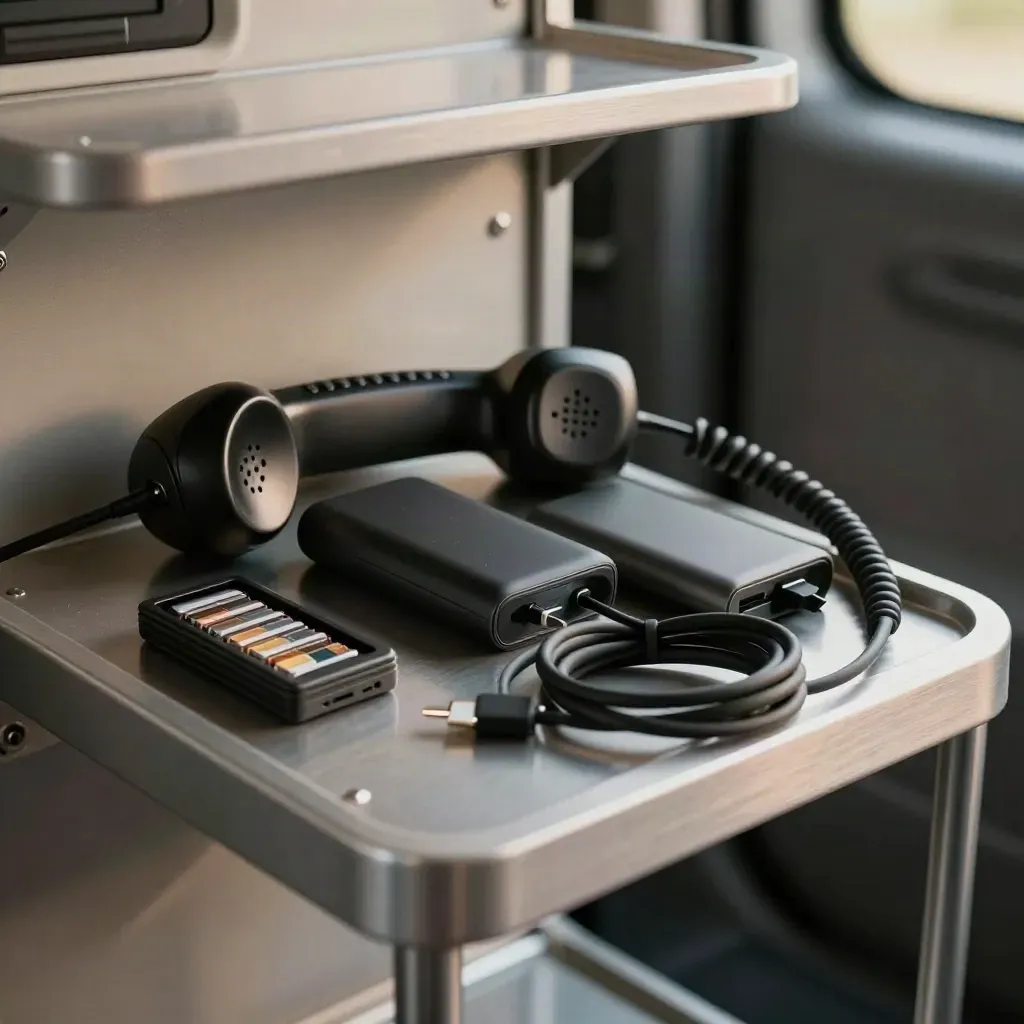 Kit SIM aziendali, telefono rugged e power bank su ripiano tecnico di un van in luce diurna.