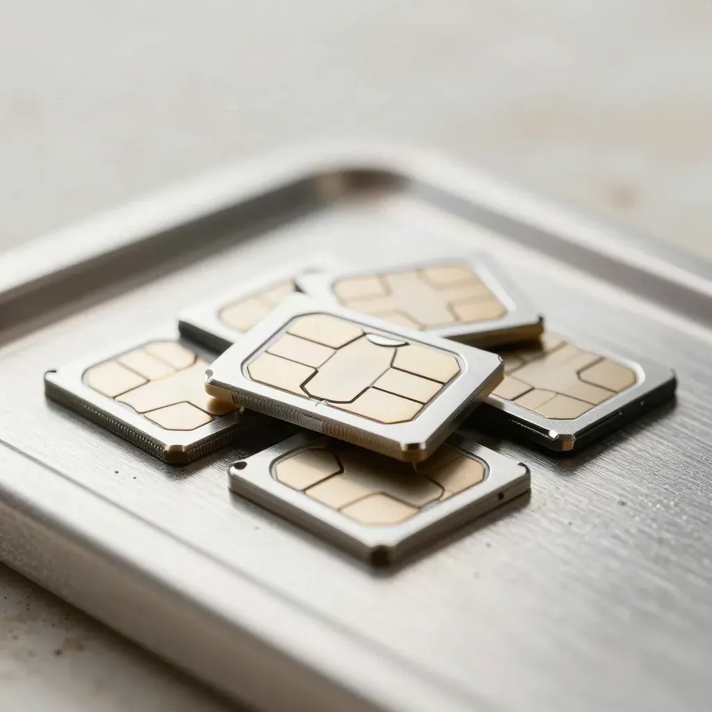 Tray SIM e nano-SIM su acciaio spazzolato, luce laterale dura e riflessi argento.
