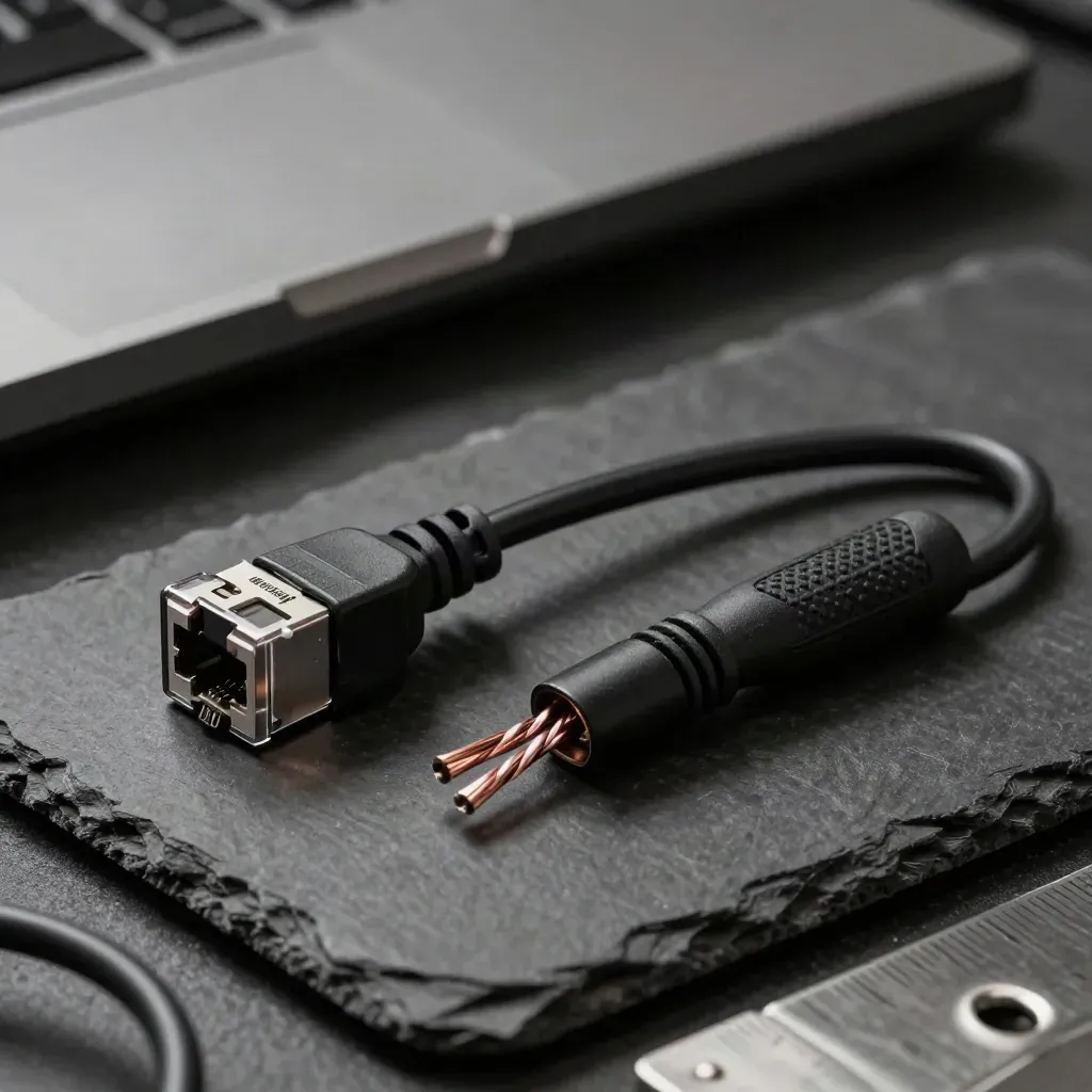 Plug RJ45, utensile punchdown e cavo voce arrotolato su ardesia scura, luce drammatica