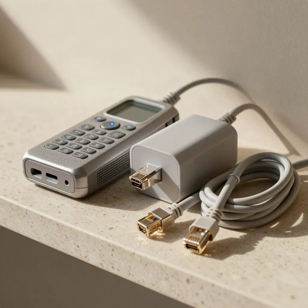 Kit supporto per cordless, alimentatore e cavo rete su piano chiaro, luce morbida.