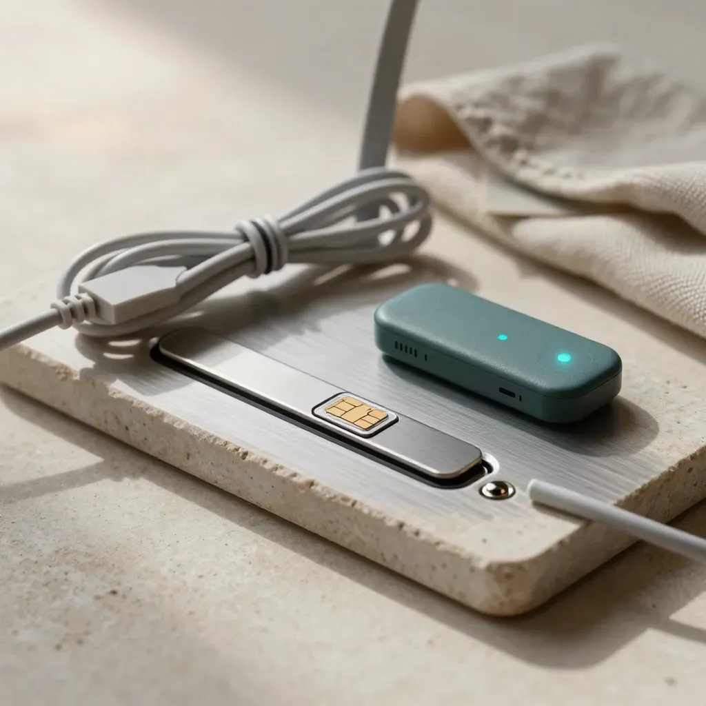 nano-SIM, cavo router e spia di attivazione su vassoio in pietra con panno chiaro