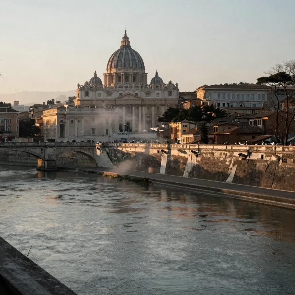 Roma all’alba con la cupola di San Pietro sopra il Tevere e tetti in terracotta